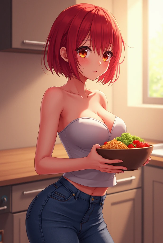 Anime (best quality, ultra-detailed, photorealistic: 1.39), bright and vibrant colors, studio lighting, romantic expression, short jeans, strapless dress, undercut platinum bobcut, red hair, small breasts, fit, short hair, mercenary, best quality highest resolution, big busty enormous down blouse deep cleavage leaning curvy motherly woman forward serving food
