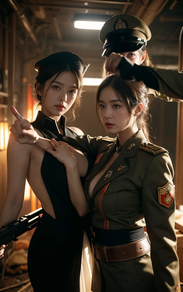 ((The photo effect is very clear & Delicate face)) (((纺织遮Light))), (((best quality))), (((masterpiece))), (((Surreal photos))) Movie Scenes, Movie Movie Action Action Facing Shooting, red Light source of Light, Japanese & Russian girls all wear messy military uniforms,Covered in medals,Wearing a general's hat, Large Breasts, wet & Sweaty face, Detailed pore skin face, dramatic Lighting shadow & Light, fighting gesture & Pointing guns at each other, Flames everywhere, Located in a chaotic military facility, Gritty atmosphere,8K, Perfect cinematography, John Wick style