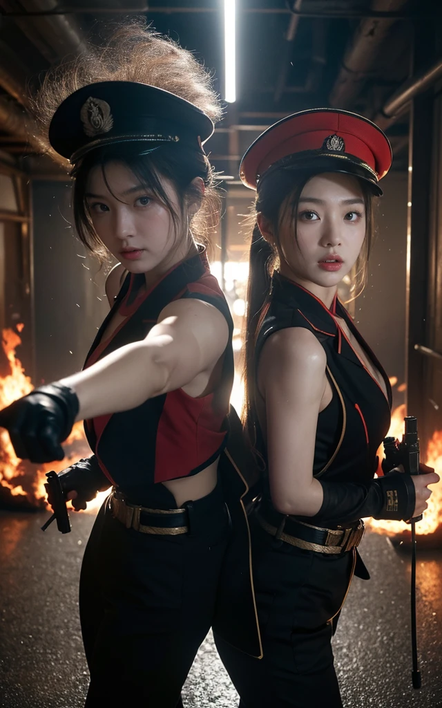 ((The photo effect is very clear & Delicate face)) (((纺织遮Light))), (((best quality))), (((masterpiece))), (((Surreal photos))) Movie Scenes, Movie Movie Action Action Facing Shooting, red Light source of Light, Japanese & Russian girls all wear messy military uniforms，Covered in medals，Wearing a general's hat, Large Breasts, wet & Sweaty face, Detailed pore skin face, dramatic Lighting shadow & Light, fighting gesture & Pointing guns at each other, Flames everywhere, Located in a chaotic military facility, Gritty atmosphere,8K, Perfect cinematography, John Wick style