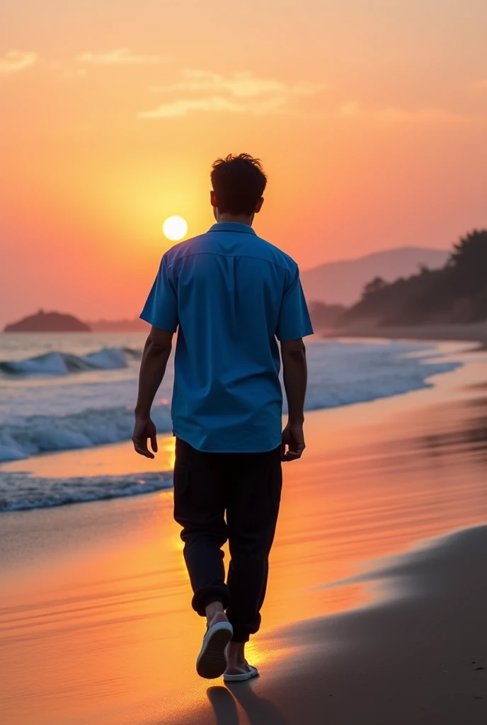 A man walking in the goa beach alone with blue shirt and black jogers seeing sun set. realistic, intricate details,