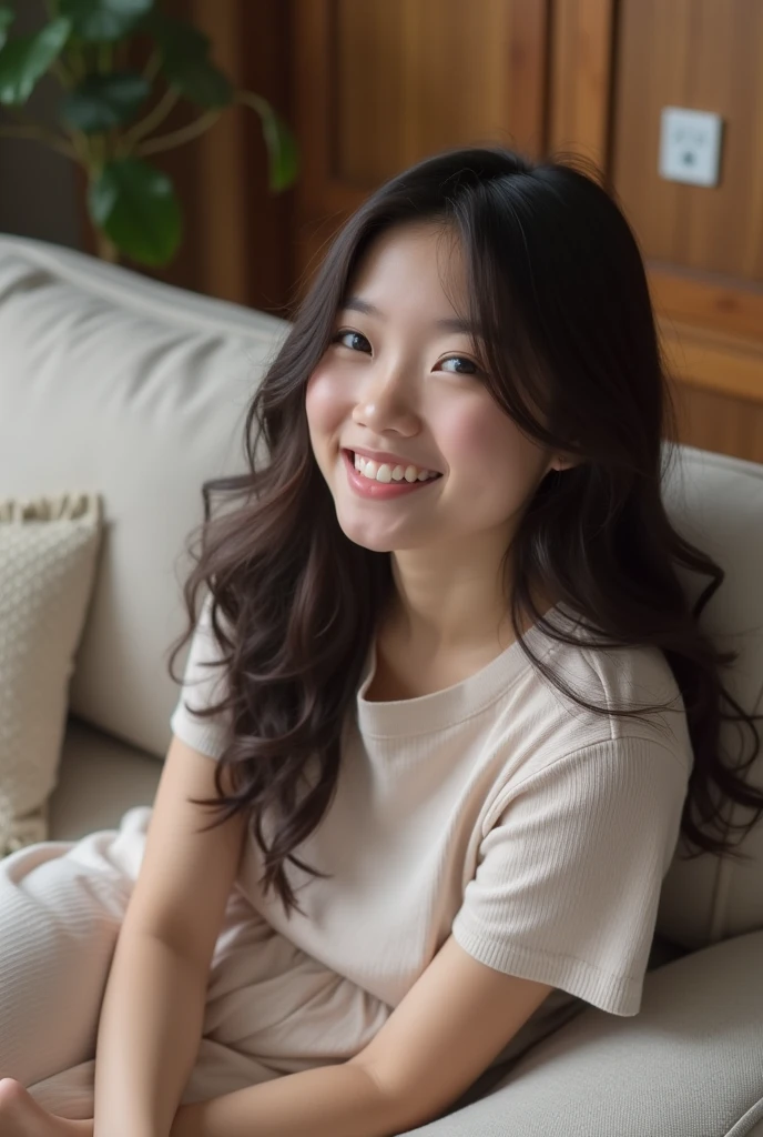 Asian girl, on couch, smiling innocently 