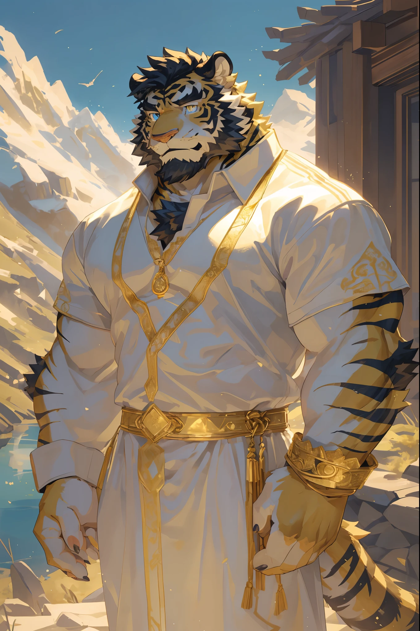 (Toned body),(White regular clothes:1.5),16k high quality detailed art,(White regular clothes:1),(Golden Tiger:1.1), (((White and golden fur:1.5))),(Duotone),(A pair of eyes of different colors, Blue and gold eyes:1.7),(Both eyes are the same size:1.4),(Muscular body:1.3),Handsome,(OK),(Perfect face),(Gold and white skin:1.3),(Full body description:1.3),Publaz, (Golden Tiger:1.1), (((Gold and white fur:1.3))),Handsome, (OK),Express,(Mountains, rivers and lakes background:1.3),(joy:1.3),(Golden Tiger tail),不同的Express,(A perfect masterpiece),(32K),(Abdominal muscles:1.3),(((middle aged:1.4))),(36 years old),(Gold Stripes),alone,(Black sideburns:1.2),(black beard:1.3),(Black Chin:1.3),(golden face pattern:1),(Very rich facial details:1.3),(Strong),(Mighty pose:1.3),Front view,(CG),(HD),(Black hair),Full body portrait,(Detailed background:1.3)