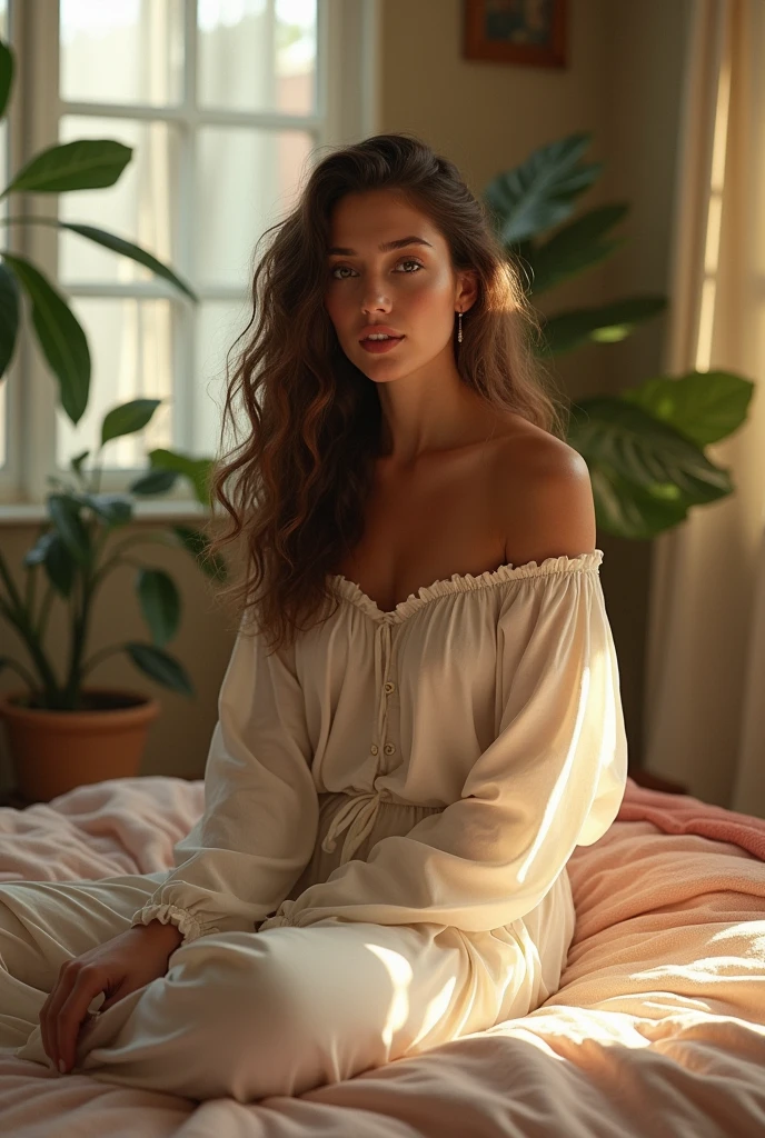 (photorealism:1.2), beautiful woman, sitting on bed, wearing loose off-shoulder top, pajama pants, long curly hair, indoors, soft lighting, plants in background, window with sunlight, cozy room, relaxed pose, realistic, intricate details, warm colors, by Greg Rutkowski, by Alphonse Mucha
