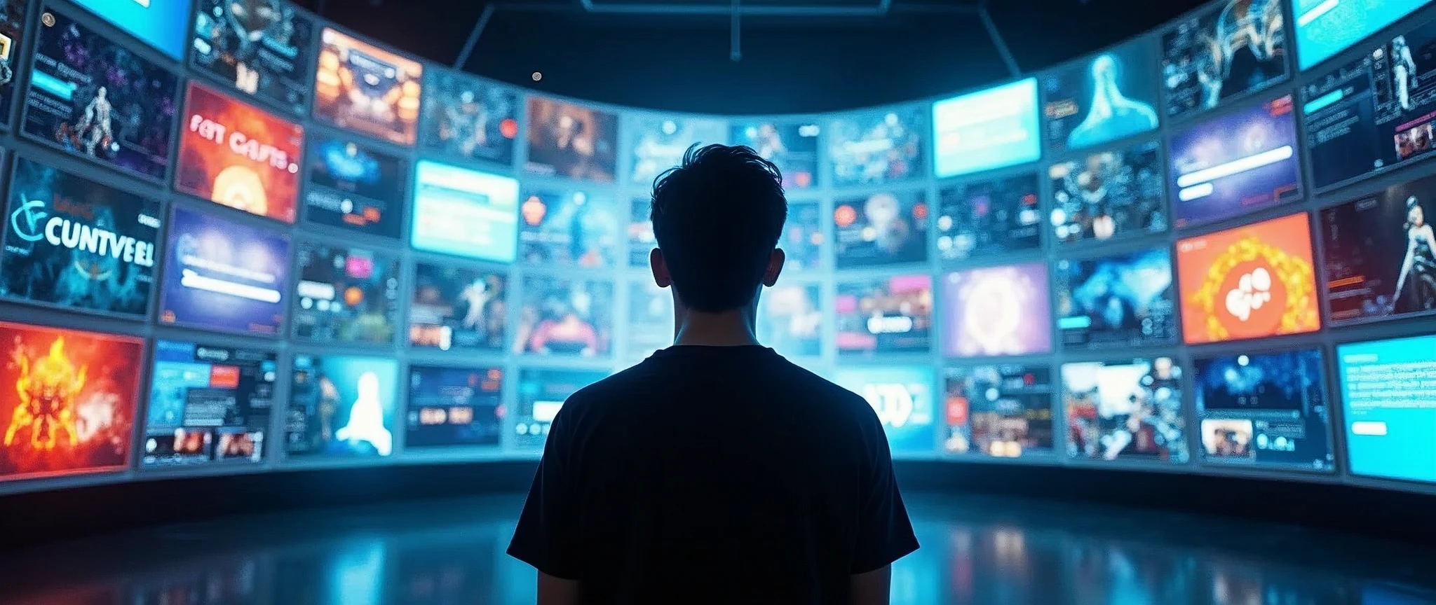 a person standing in front of a vast array of high-resolution screens, each showcasing diverse digital content from video game visuals to social media feeds, the room is sleek and futuristic, brimming with advanced technology, conveying a sense of awe and immersion in digital culture, the atmosphere is dynamic and vibrant, with a buzzing energy that reflects the intensity of modern media, lighting is bright and multi-directional, highlighting the screens and casting subtle reflections on the persons face,