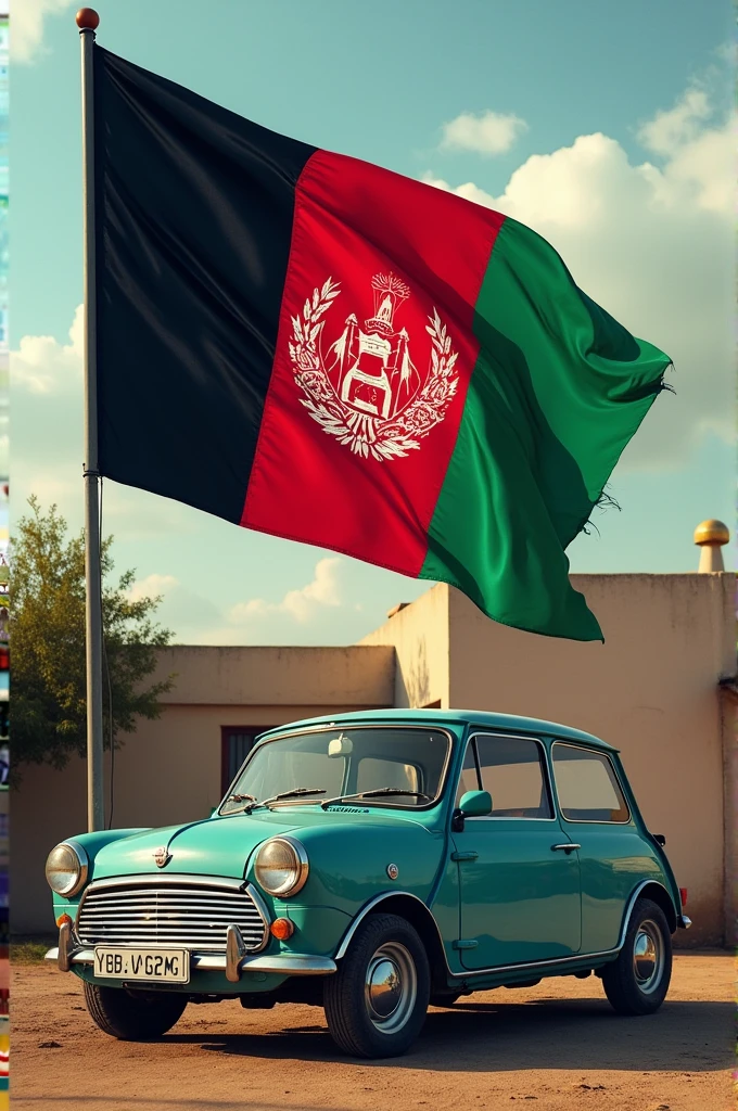 Picture of the Afghan flag with a car 