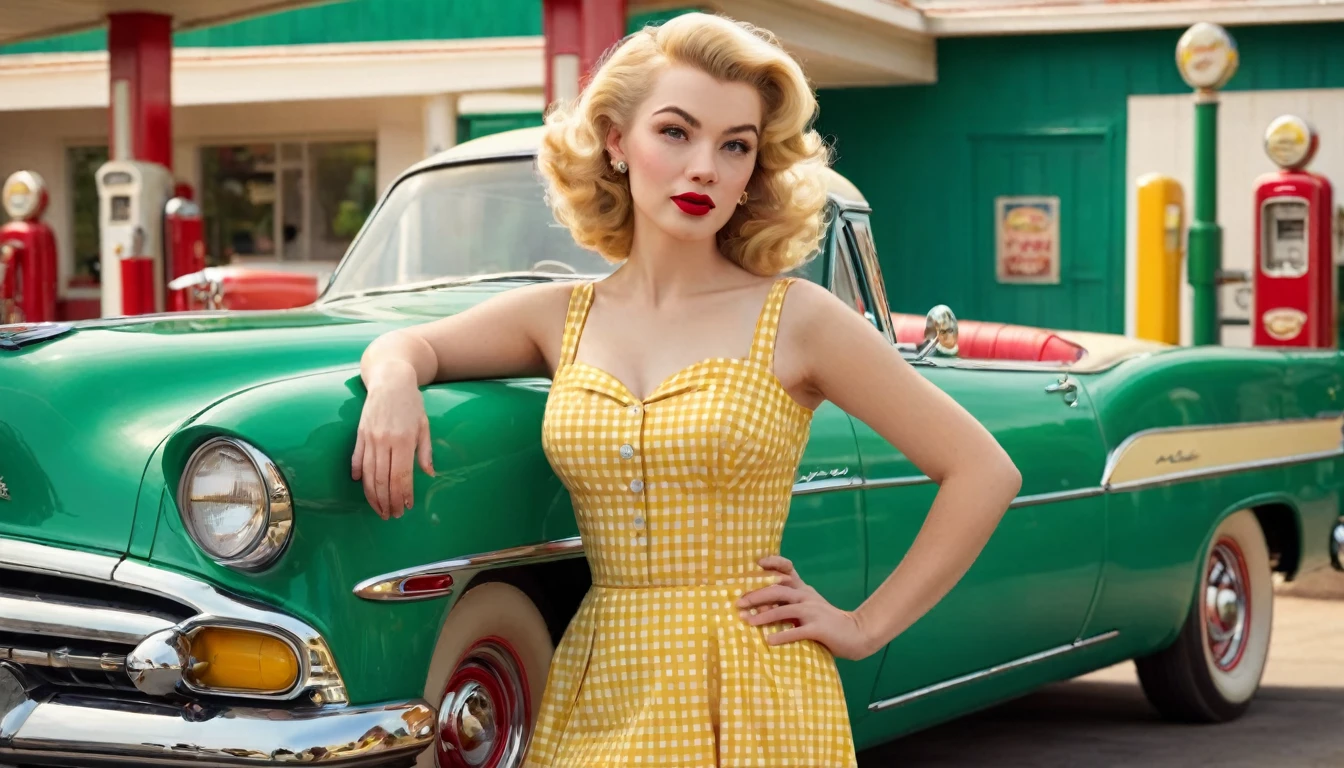 A beautiful young blonde woman with vintage 1950s style pinup stands confidently in front of a classic green car at a retro gas station. She wears a form-fitting, yellow gingham dress that accentuates her figure, complemented by red lipstick and elegant, curled blonde hair. The gas station has a nostalgic feel, with green and cream accents and a classic gas pump. The night sky above is clear, adding a serene ambiance to the scene. The overall mood is nostalgic and glamorous, capturing the essence of mid-20th-century Americana. perfect face, Ultra realistic photo, vibrant colors, 16k