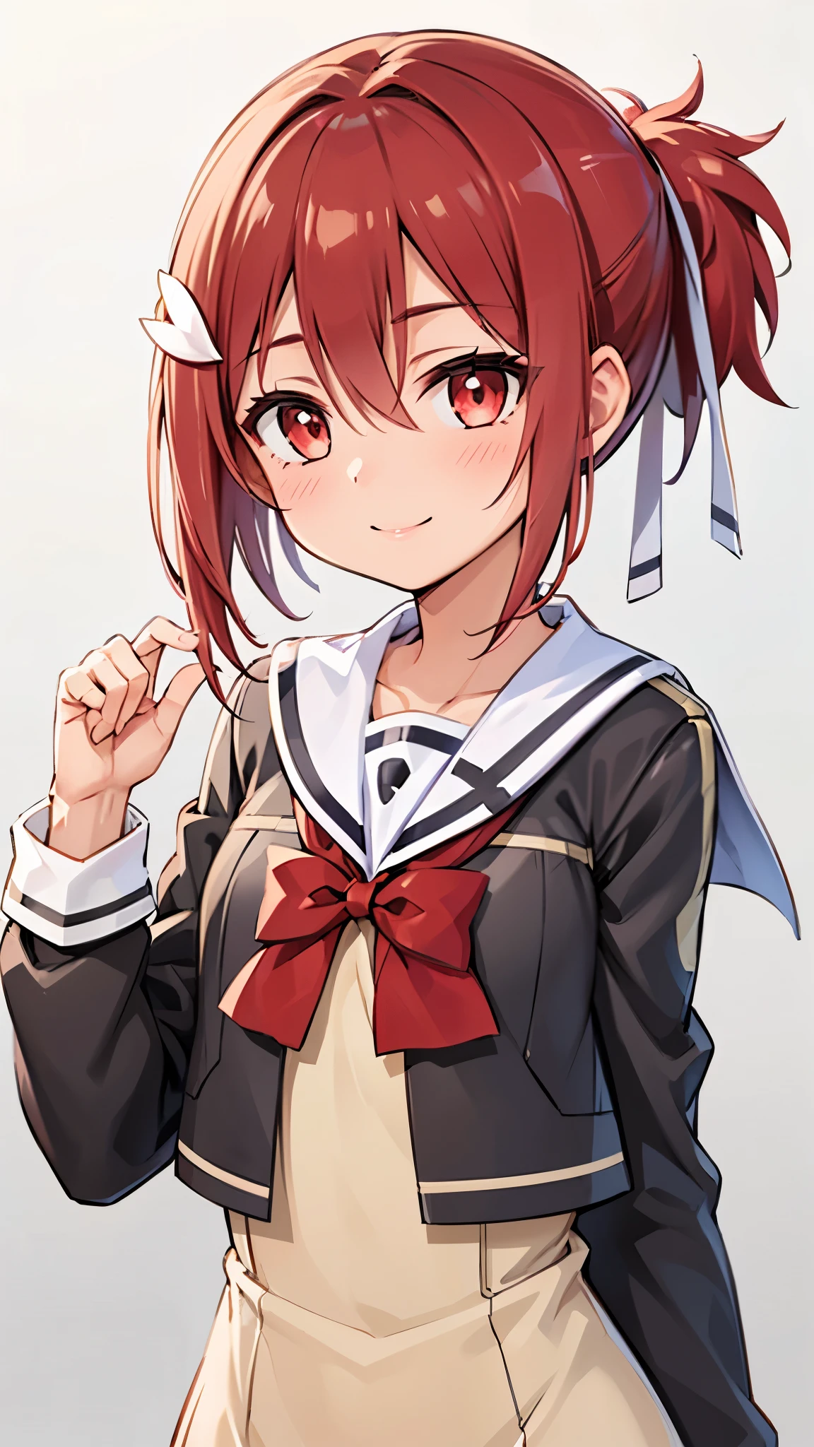 Yuuki_Yuna, 1girl, solo, smile,hair ornament,red eyes, thighhighs, long sleeves,flat chested,small breasts,school uniform,dress,bow,red ribbon, hair between eyes,White hair ribbon,red hair, black thighhighs, clothes lift, side ponytail,smile,((upper body)),