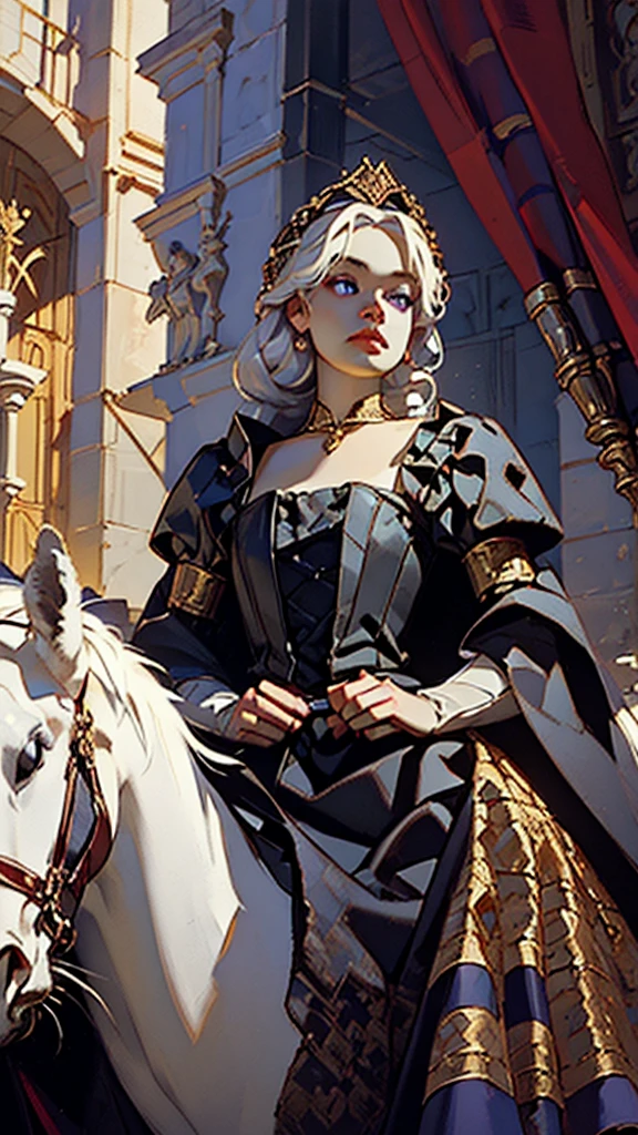 Beautiful albino woman with detailed braided medieval hairstyle (updo) (white hair) standing aggressively,wearing detailed medieval riding clothes (red and black colours), with gold accessories and gold tiara, medieval queen, medieval woman,queen,game of thrones style,daenerys targaryen style, high quality, very detailed,hd quality, masterpiece ((purple eyes))