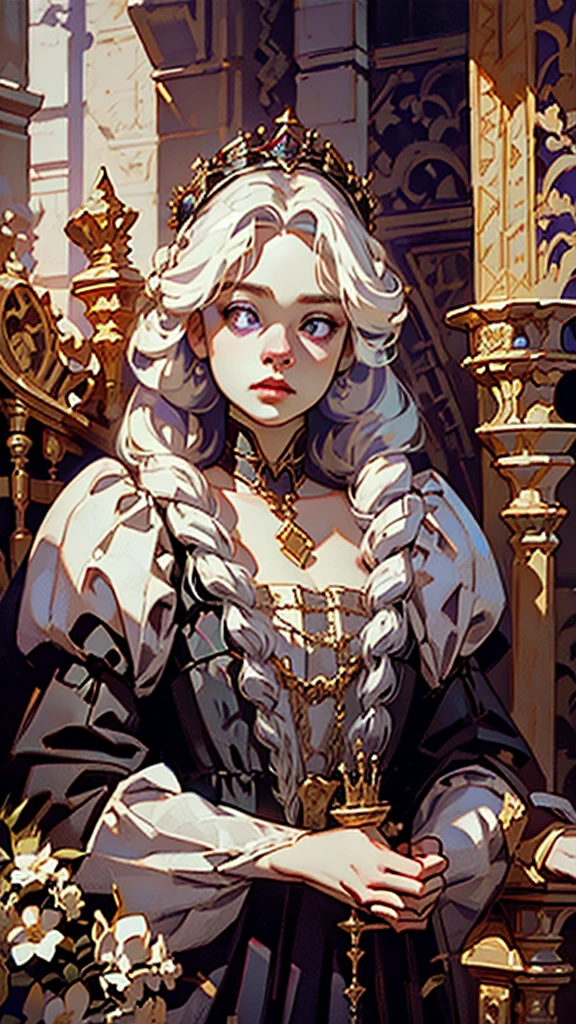 Beautiful albino woman with detailed braided medieval hairstyle (updo) (white hair) standing aggressively,wearing detailed medieval riding clothes (red and black colours), with gold accessories and gold tiara, medieval queen, medieval woman,queen,game of thrones style,daenerys targaryen style, high quality, very detailed,hd quality, masterpiece ((purple eyes))