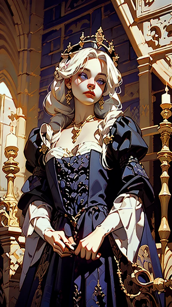 Beautiful albino woman with detailed braided medieval hairstyle (updo) (white hair) standing aggressively,wearing detailed medieval riding clothes (red and black colours), with gold accessories and gold tiara, medieval queen, medieval woman,queen,game of thrones style,daenerys targaryen style, high quality, very detailed,hd quality, masterpiece ((purple eyes))