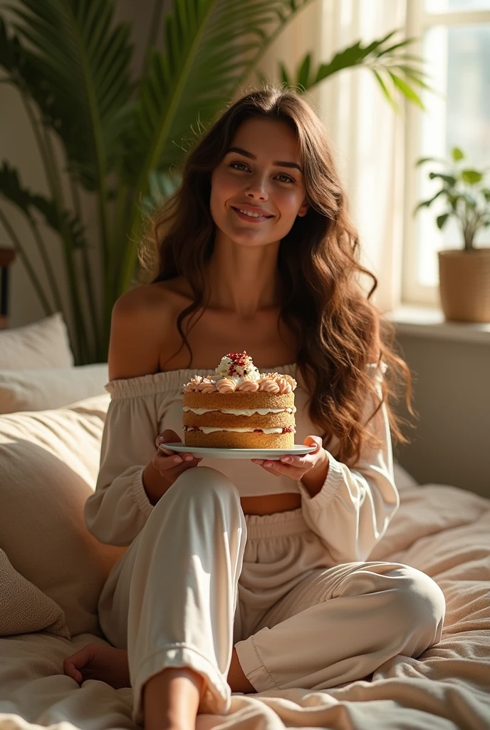 (photorealism:1.2), beautiful woman, taking birthday cake, sitting on bed, wearing loose off-shoulder top, pajama pants, long curly hair, indoors, soft lighting, plants in background, window with sunlight, cozy room, relaxed pose, realistic, intricate details, warm colors, by Greg Rutkowski, by Alphonse Mucha