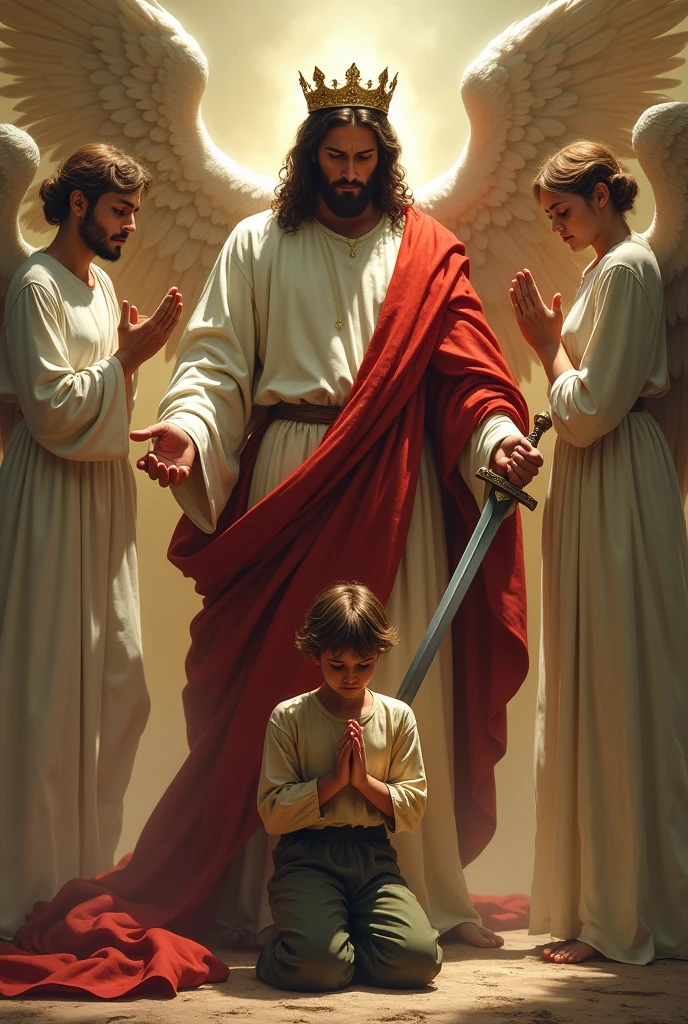 Jesus with the crown and sward with rugged looks stands behind the boy who prays, and the guardian angels stands surrounding him and protecting him from evel