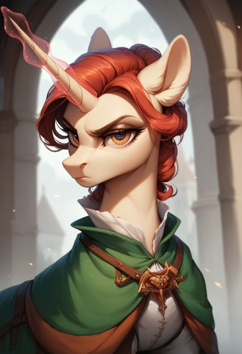 Pony Unicorn. A serious face. Darkness. Beautiful. The hair is wrapped in an interesting knot. Tall and slender. Magic. Unusual colors. Patterns on the body. Strange eyes. Medieval clothes