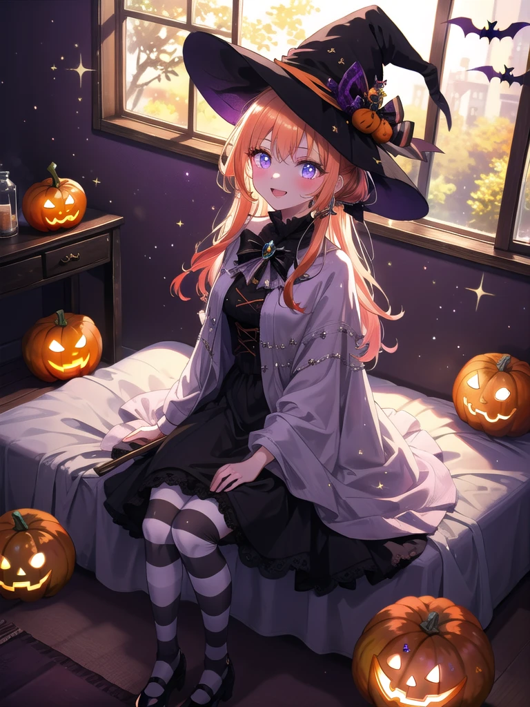 ((8k, Highest quality, masterpiece: 1.3)),Ultra-high resolution,(1 girl, alone), (Color changing eyes, Ultra-detailed, Expressive brilliance, Glitter, Glowing Eyes), Highly detailed eyes, Highly detailed face, Random Hair, ((pastel colour)),A cheerful young woman with pastel orange hair styled into a ponytail, sitting cross-legged on her bed in her cozy room. It’s late morning, and the sunlight streams through the window, filling the room with a warm glow. She is dressed in a classic witch cosplay, wearing a black dress with purple accents, a pointy hat, and striped stockings. The camera captures her from a slightly elevated angle as she plays with a stuffed black cat, her face beaming with joy and laughter. Her room is decorated with Halloween-themed items, including carved pumpkins, a cauldron, and a broomstick leaning against the wall, creating a whimsical and festive atmosphere.