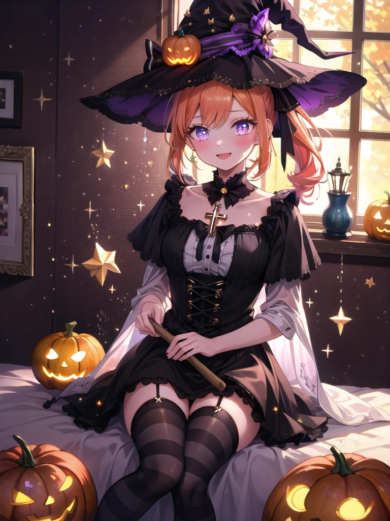 ((8k, Highest quality, masterpiece: 1.3)),Ultra-high resolution,(1 girl, alone), (Color changing eyes, Ultra-detailed, Expressive brilliance, Glitter, Glowing Eyes), Highly detailed eyes, Highly detailed face, Random Hair, ((pastel colour)),A cheerful young woman with pastel orange hair styled into a ponytail, sitting cross-legged on her bed in her cozy room. It’s late morning, and the sunlight streams through the window, filling the room with a warm glow. She is dressed in a classic witch cosplay, wearing a black dress with purple accents, a pointy hat, and striped stockings. The camera captures her from a slightly elevated angle as she plays with a stuffed black cat, her face beaming with joy and laughter. Her room is decorated with Halloween-themed items, including carved pumpkins, a cauldron, and a broomstick leaning against the wall, creating a whimsical and festive atmosphere.