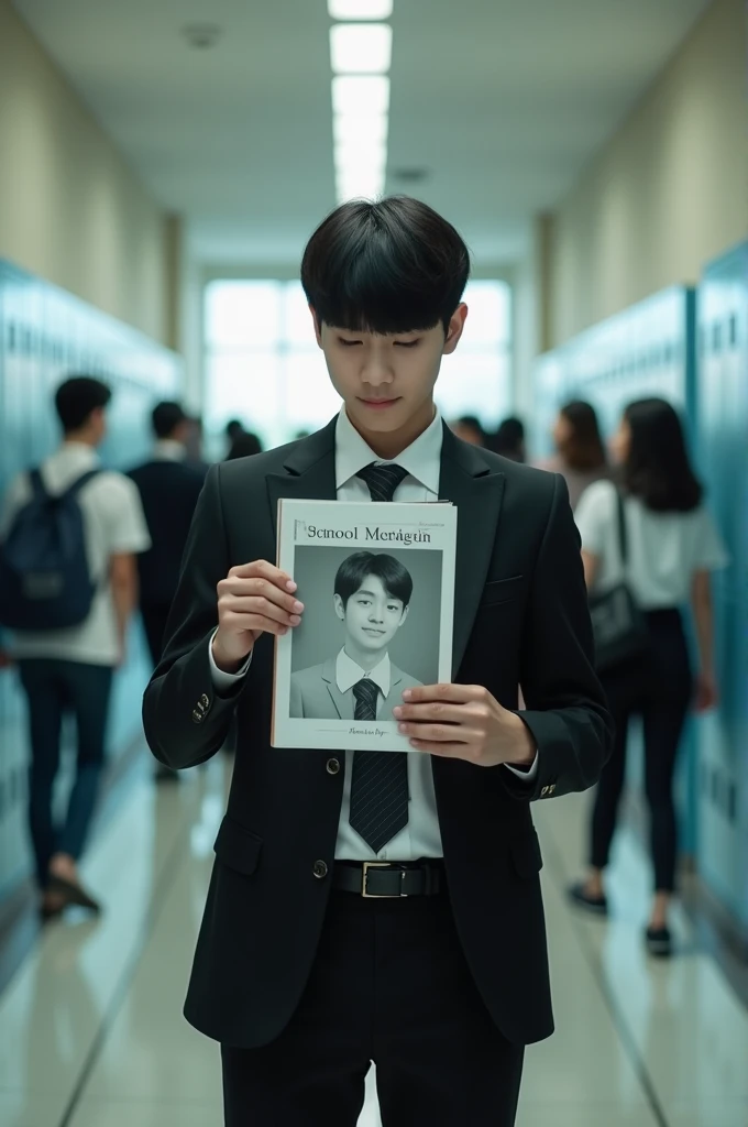 An 18 year old Vietnamese man wearing a suit, Korean hairstyle and taking a photo of his school yearbook in classroom hallway