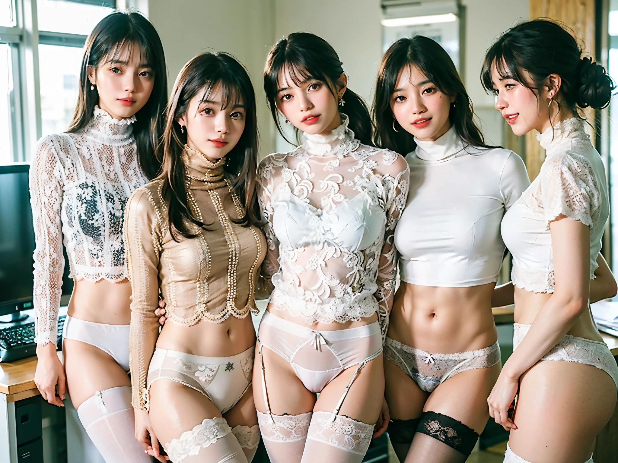 (A close-up photo of three Japanese elegant idols), 20-years-old, (standing closely), (In the office), (Both smiling), (Both looking at the camera), best quality, masterpiece, ((Both wearing sheer white lace turtleneck blouse, and exposing panties and stockings)), (((Double eyelids))), Bangs down, (earrings), ((Big beady eyes))