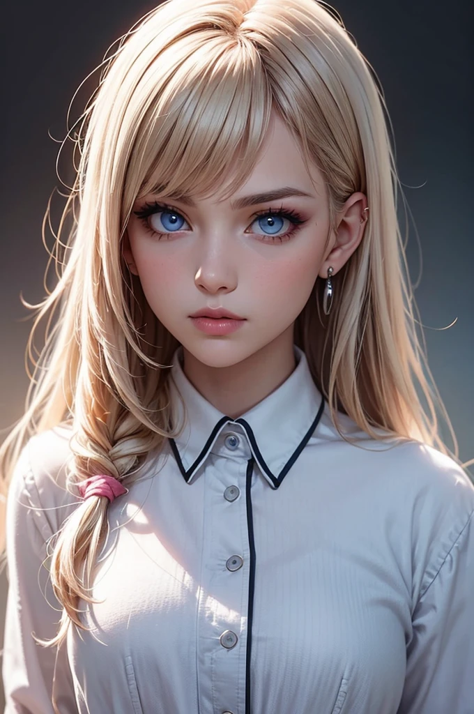 (best quality), (close-up), HDR, 4k, UHD, 3D, 1girl, solo, perfect face, long hair, academy blue school uniform , long light blonde hair dyed with tint of pink color and with cute fluffy bangs well styled, hair dyed with pink color, detailed light blue eyes highlight light reflecting in her eyes, looking straight to the viewer, realistic, upper body, white background, colorful lighting, lips, edgy makeup, black shade of makeup on eyelids, ear piercing, fair skin, perfect hourglass body, she has sharp jawline, photo card, The artwork should have the best quality, with ultra-detailed and realistic features. The color palette should be vivid, and the lighting should emphasize the character's facial structure and expression.