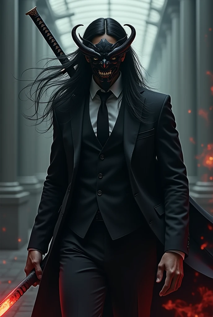 Long black hair,man, wearing black demon mask,suit wearing, looking behind, holding a katana with red flame