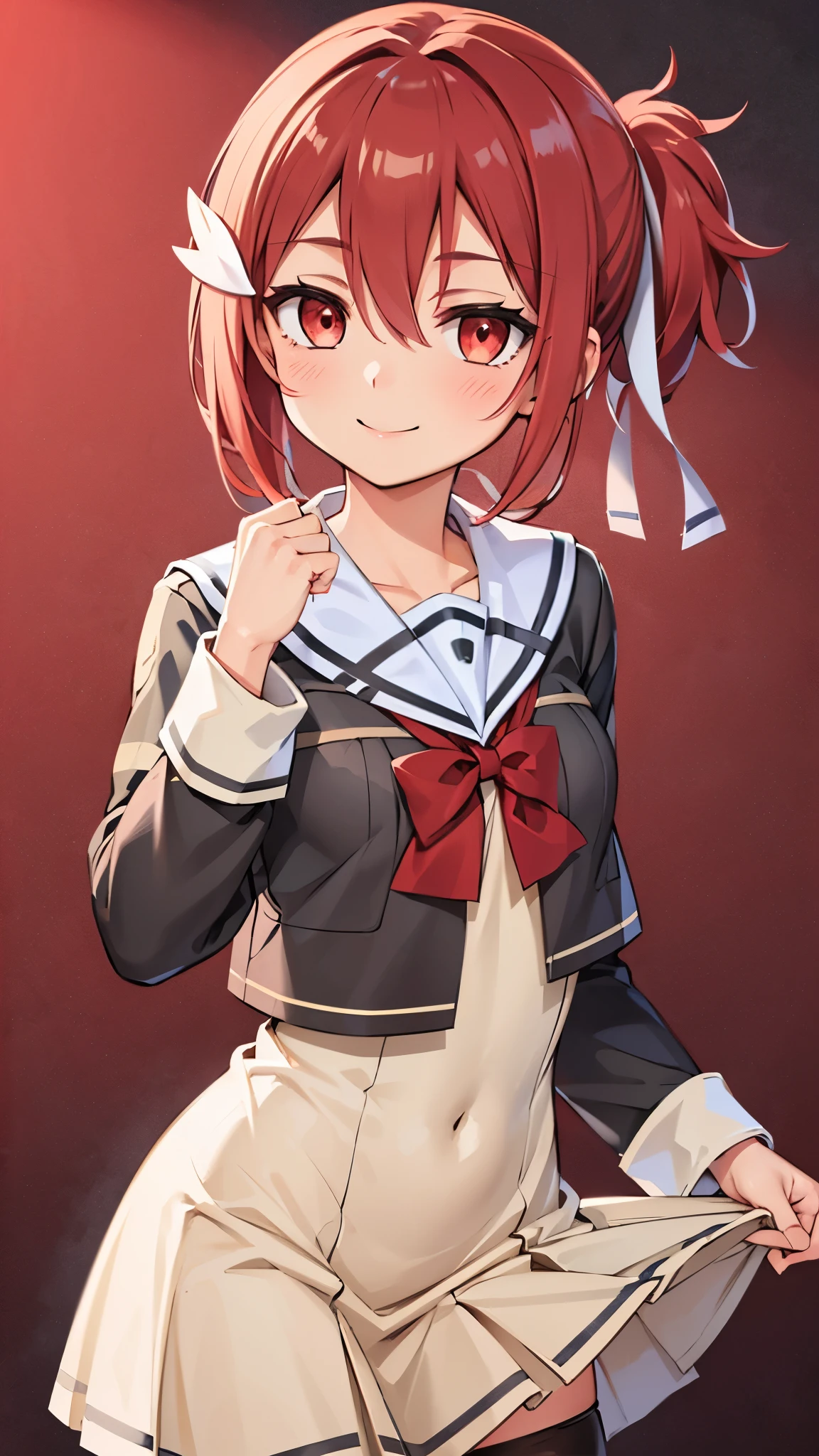 Yuuki_Yuna, 1girl, solo, smile,hair ornament,red eyes, thighhighs, long sleeves,flat chested,small breasts,school uniform,dress,bow,red ribbon, hair between eyes,White hair ribbon,red hair, black thighhighs, clothes lift, side ponytail,smile,((upper body)),