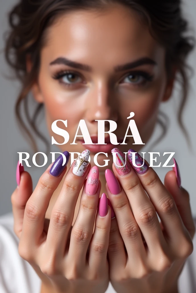 The name SARA RODRÍGUEZ in the foreground with decorated nails in the background 