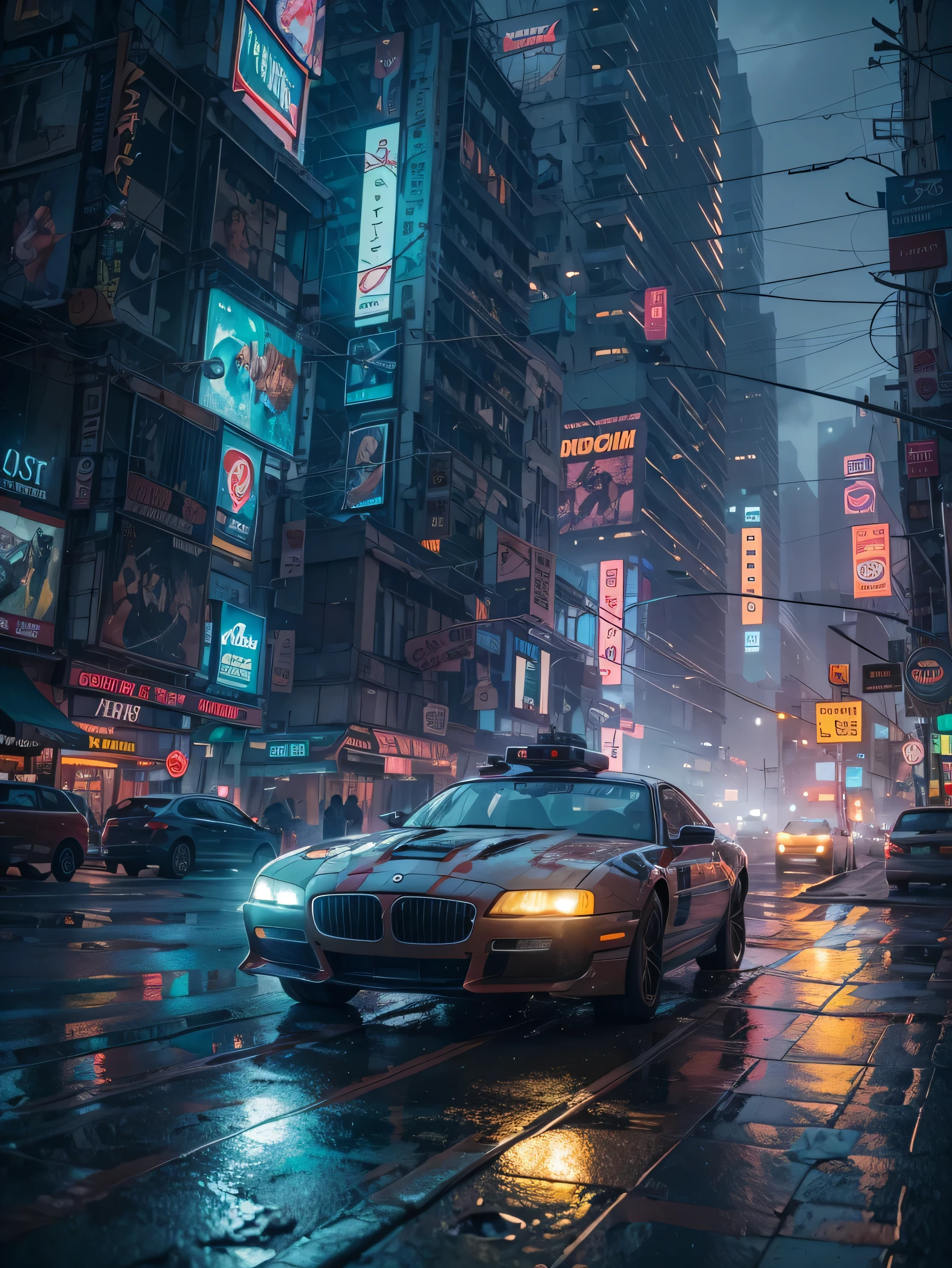 (((Masterpiece))),high resolution,realistic details,sharp focus, hyper-realistic landscape photo of a dystopian New York City set in the year 2527, cyberpunk. The cityscape should feature futuristic skyscrapers going through the clouds with sharp details, illuminated by vibrant neon lights and holograms. Capture the scene from a street-level perspective during a dark and rainy night. The atmosphere should convey a bustling yet ominous mood, highlighting the contrast between the dystopian environment and advanced technology, super futuristic cars, flying cars.(Very detailed: 1.3),4k