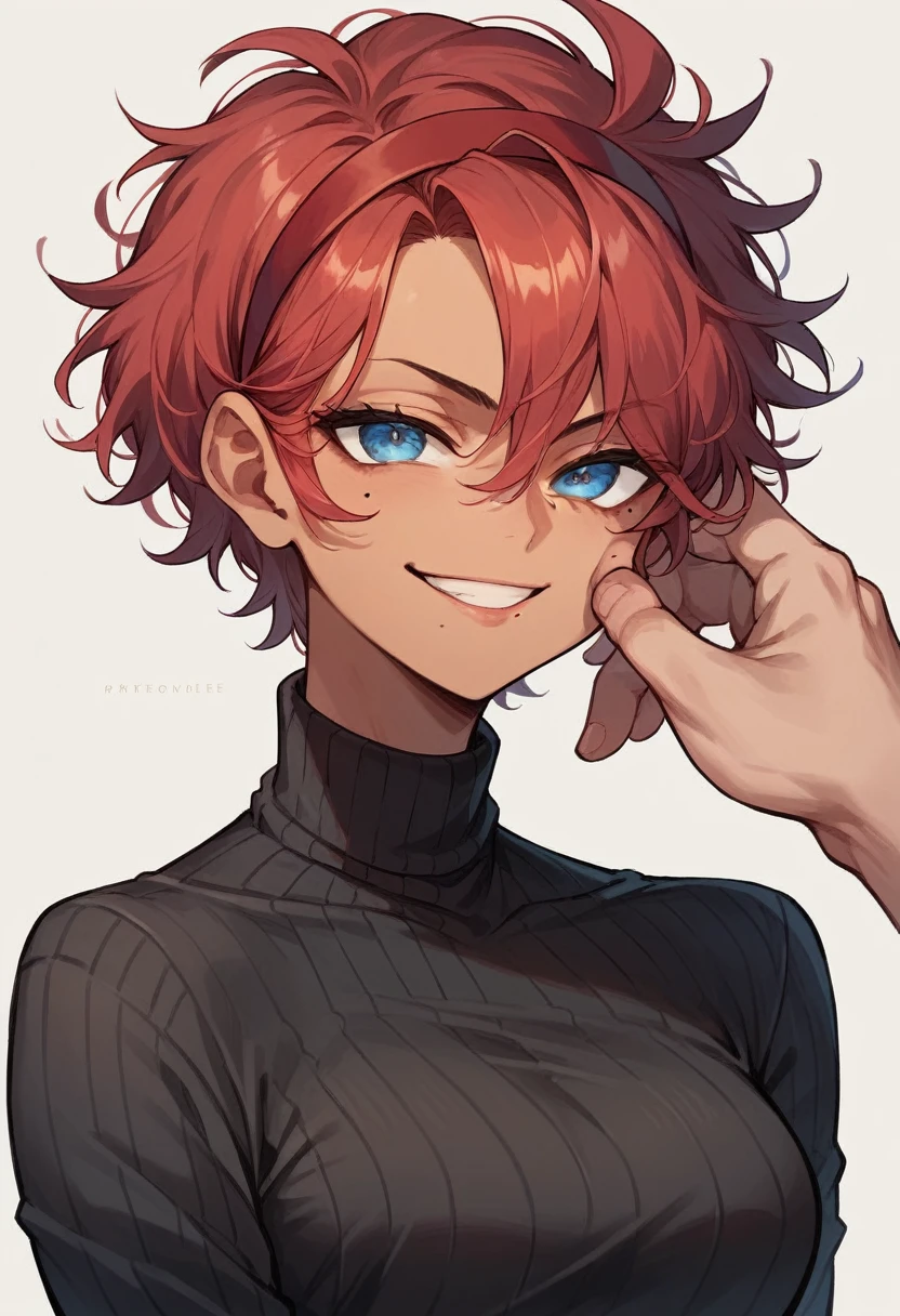 (masterpiece), best quality, expressive eyes, perfect face, tan skinned male, red hair, short hair, messy hair, red headband, smirk, beauty mark, mole, black shirt, sweater tied at the waist, beautiful face blue eyes, beautiful eyes, 1boy