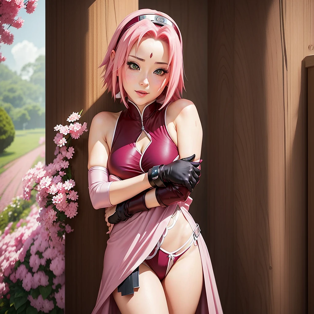 The sexy Sakura Haruno captures the essence of charming acting, capturing the image of a person pretending to be innocent, adopting cute and gentle facial expressions that seduces the viewer as she strips,