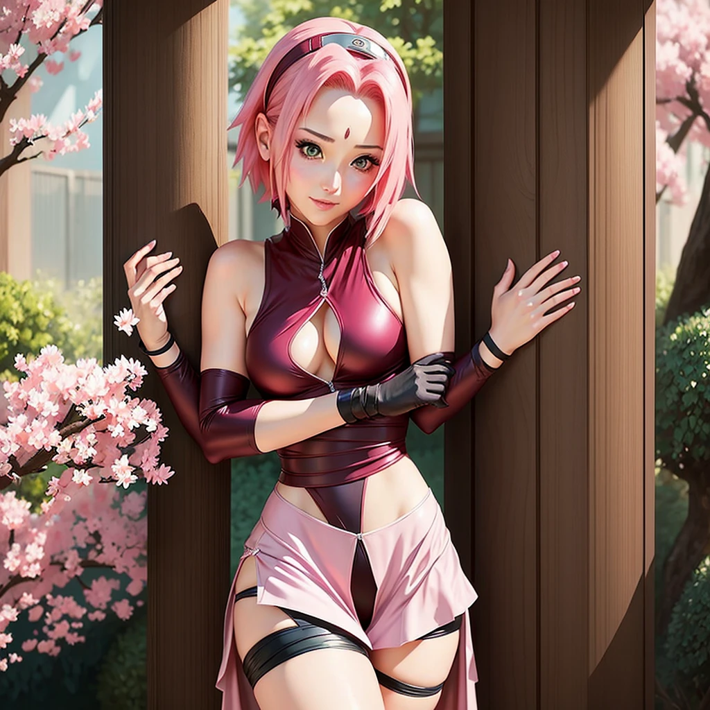 The sexy Sakura Haruno captures the essence of charming acting, capturing the image of a person pretending to be innocent, adopting cute and gentle facial expressions that seduces the viewer as she strips,