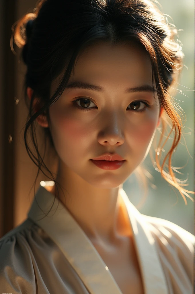 An elegantly dressed Japanese woman in natural light、A close-up of her chest and calm expression.、It shows her inner peace and outer charm.。