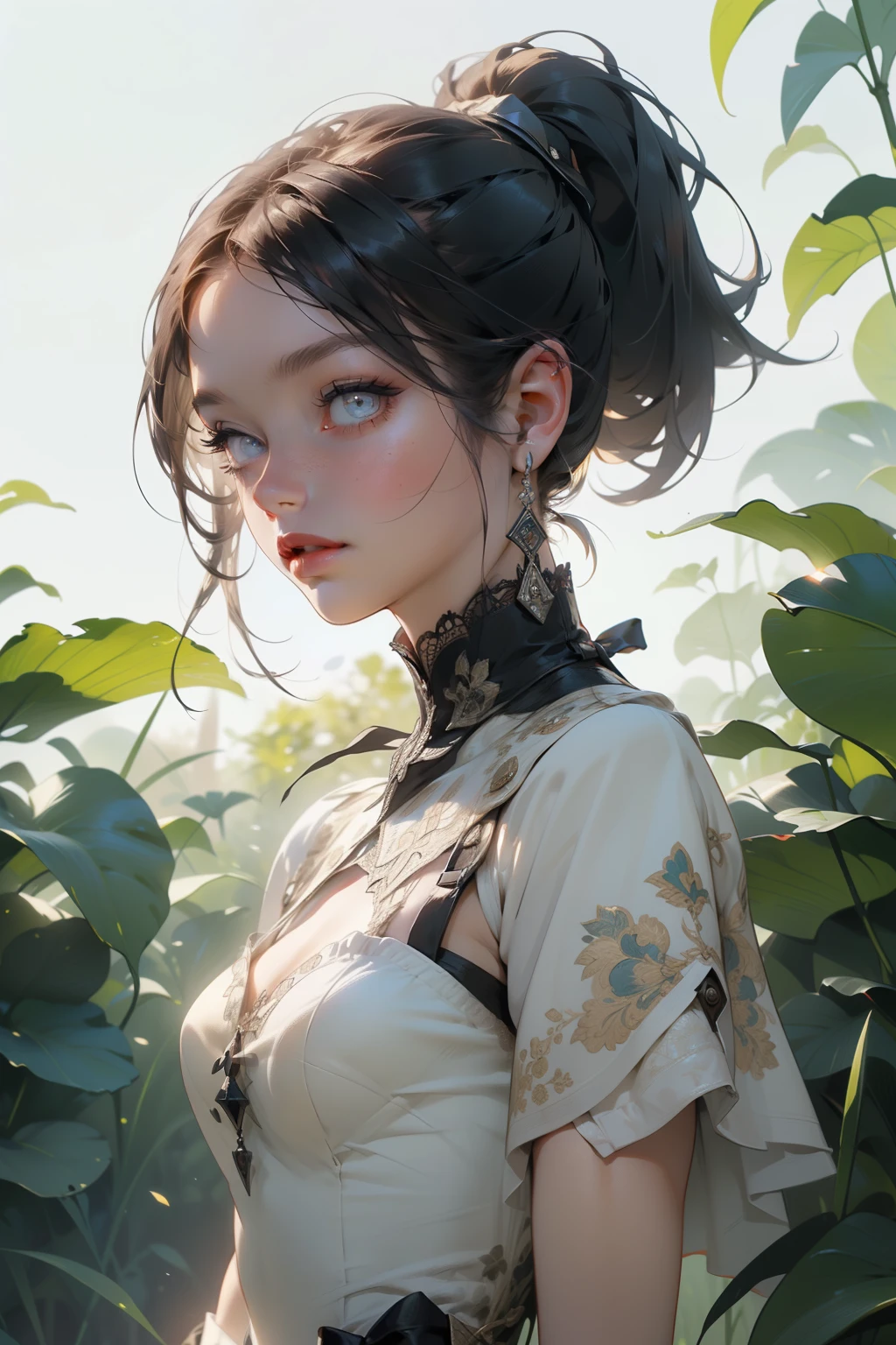 (((masterpiece, of the highest quality, super detailed))), (digital art), (a witch belonging to an occult order of knights), (a knight crossed with a witch), Victorian era inspired, ((minimal but intricate beautiful armour)), (Fluttering lace flared dress with frilly petticoats), ((Bloodbourne inspired)), ((nier inspired)), ((Bloodbourne crossed with nier automata)), (big forhead:1.2), (((dark hair, ponytail, thick ponytail, heavy ponytail))), (((Very sharp focused eyes))), ((small breasts)), very long eyelashes, occult aesthetic, (red and white clothing detailed and intricate steampunk and detailed gothic), (with a hood), complex lace boots,