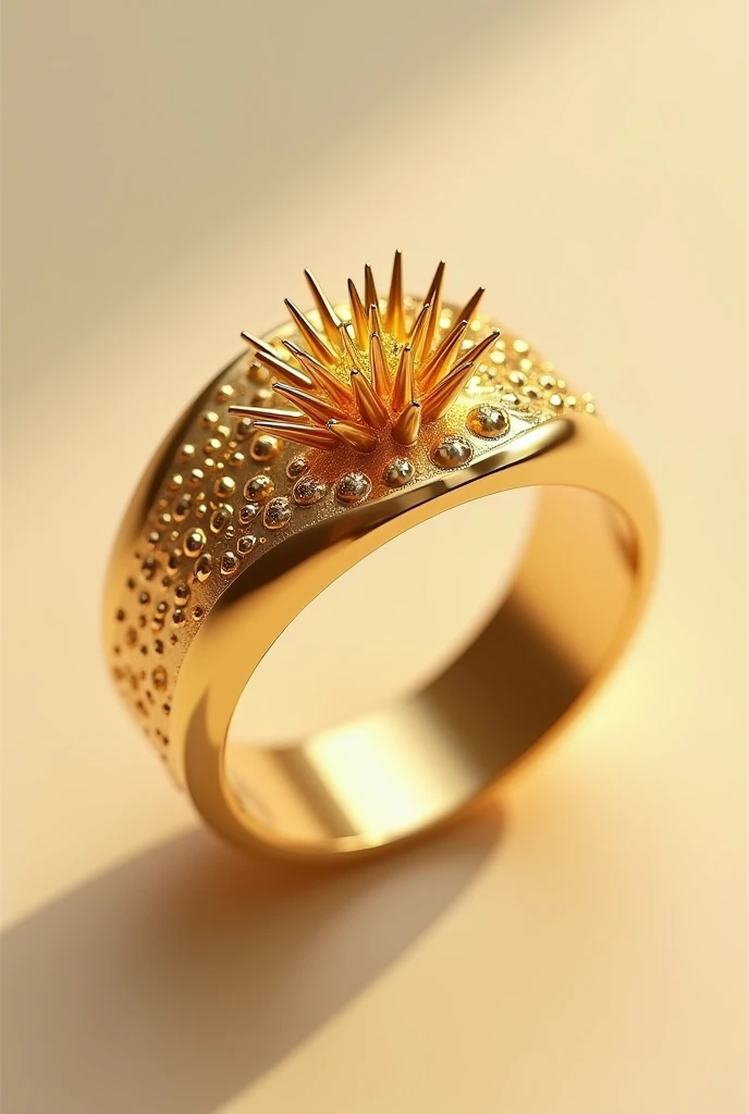 (photorealism:1.2), gold ring with small spiky explosion engravings, plain