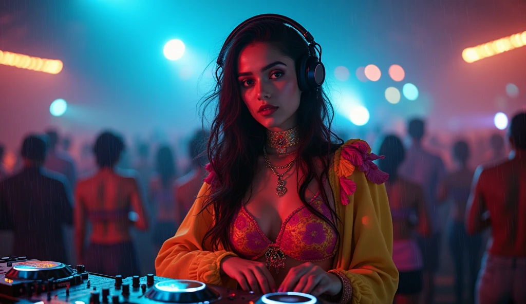 Female Indian DJ, Colorful clothes, Peculiar, Vibrant appearance, Have big breasts, Playful accessories, creative, Imaginative, Sensual, Voluntary, DJ headphones, Mixing Console, Music Clubs, on the beach in the pouring rain, Skin Texture, Intricate details, (Cinema Lighting), Photo RAW, 8K, live audience behind
