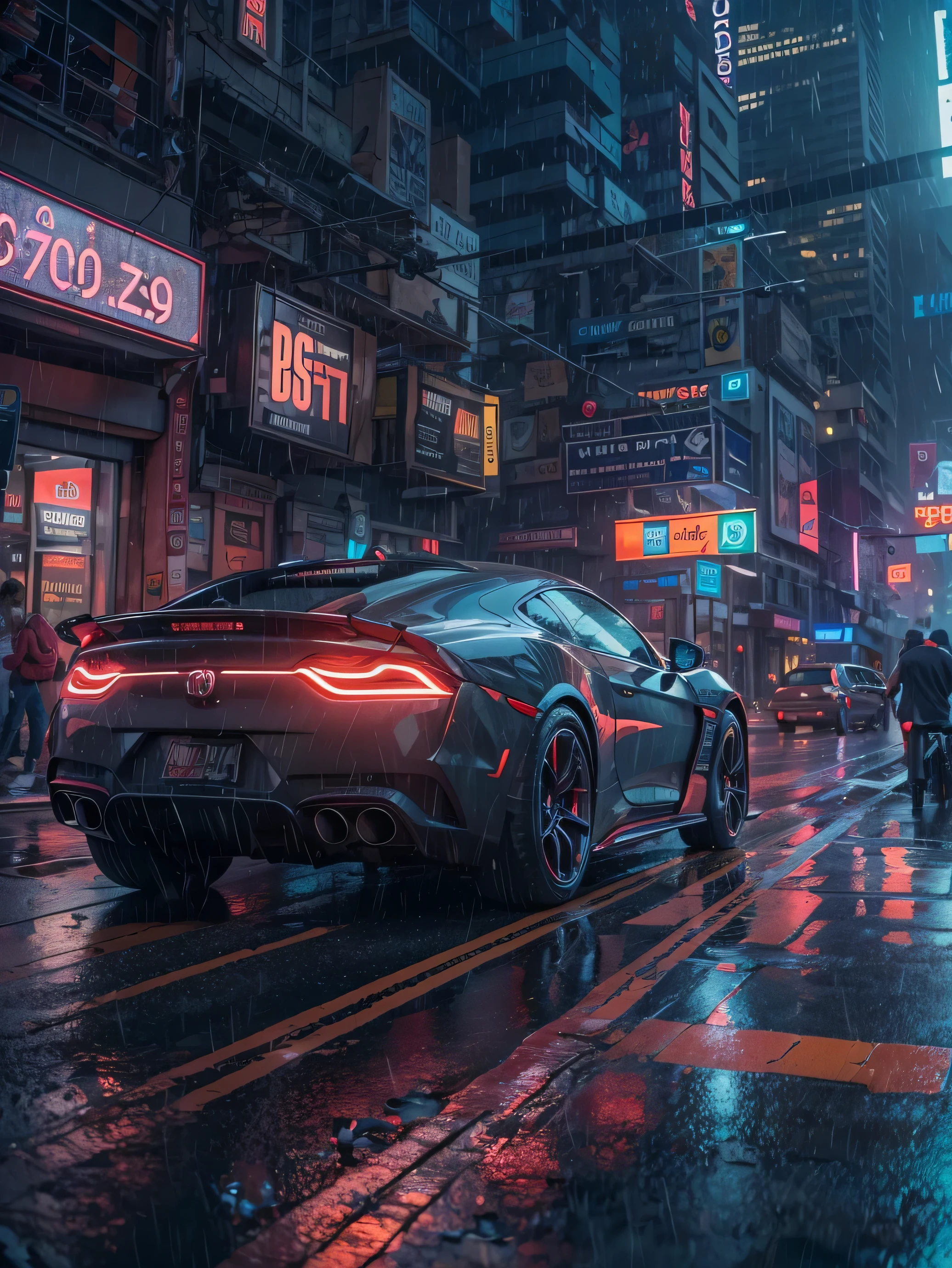 (((Masterpiece))),high resolution,realistic details,sharp focus, hyper-realistic landscape photo of a dystopian New York City set in the year 2527, cyberpunk. The cityscape should feature futuristic skyscrapers going through the clouds with sharp details, illuminated by vibrant neon lights and holograms. Capture the scene from a street-level perspective during a dark and rainy night. The atmosphere should convey a bustling yet ominous mood, highlighting the contrast between the dystopian environment and advanced technology, super futuristic cars, flying cars.(Very detailed: 1.3),4k