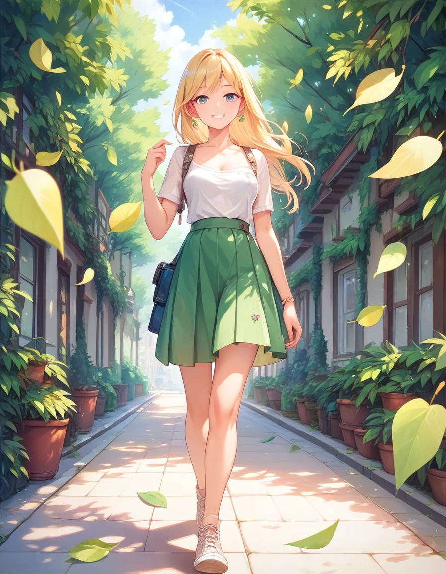 masterpiece, best quality, extremely detailed, Girl, blonde, smiling, (((wearing only green leaves))), walking in nature,