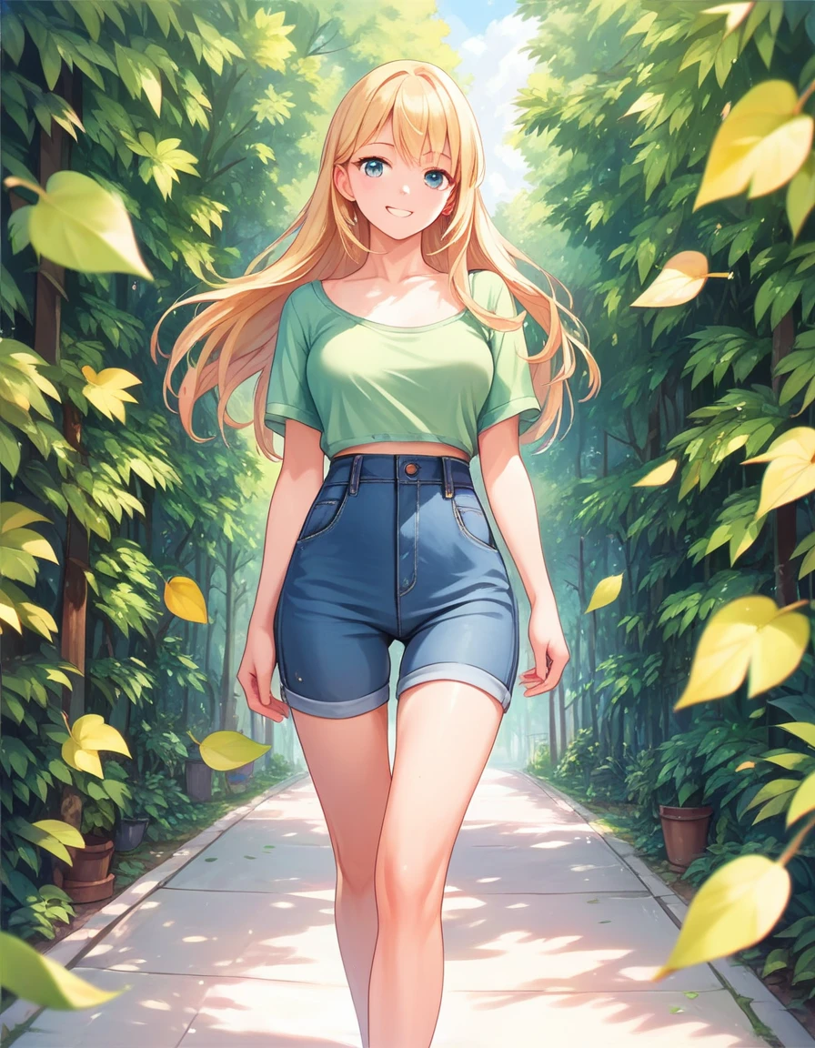 masterpiece, best quality, extremely detailed, Girl, blonde, smiling, (((wearing only green leaves))), walking in nature,
