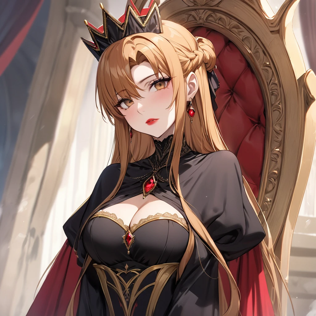 ((Highest quality)), ((masterpiece)), (detailed), （Perfect Face）、The woman is the evil queen Grimhild, Yuki Asuna, with bright brown hair in a semi-long style, wearing lipstick, thick eyeshadow, and heavy makeup.、The woman is dressed as an evil queen, wearing a black Victorian dress with luxurious gold embroidery and trim, a black cowl fitted over her face, luxurious earrings, adorned with lavish accessories, and a magnificent golden crown. She is a beautiful and evil queen, standing and reigning in front of a magnificent throne. She possesses majesty, elegance, and grace, with a stunning figure and a captivatingly alluring beauty, making her an absolutely stunning woman.、The woman has Snow White as her wife and keeps her by her side.