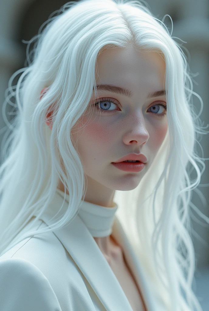 Create a beautiful model, long white hair, white eyelashes and eyebrows, purple eyes, age 20 years, French or European nationality. Make him look ahead.