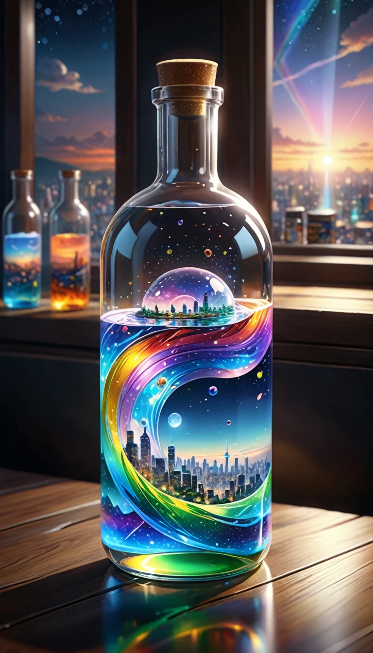 (masterpiece, Highest quality, Very detailed:1.2, Realistic, super photoRealistic, Realistic illustration, 8k), Professional Color Grading, Sharp focus, Professional Lighting, Depth of written boundary, ((landscape)), ((Science fiction movies)), ((Concept Art)) Bottle close-up, A rainbow-coloured world in a bottle、Glitter and shine、City in a glass bottle, filling glass bottle with the sparkling 星が輝く夜 and city, filling glass bottle with the 日没 view, Many glass bottles on the shelf, The shelves are kept in the house, 16K, Ultra-high resolution, Ultra-high resolution, to be born,wonderful ,future、Iridescent、The world 30 years from now。
