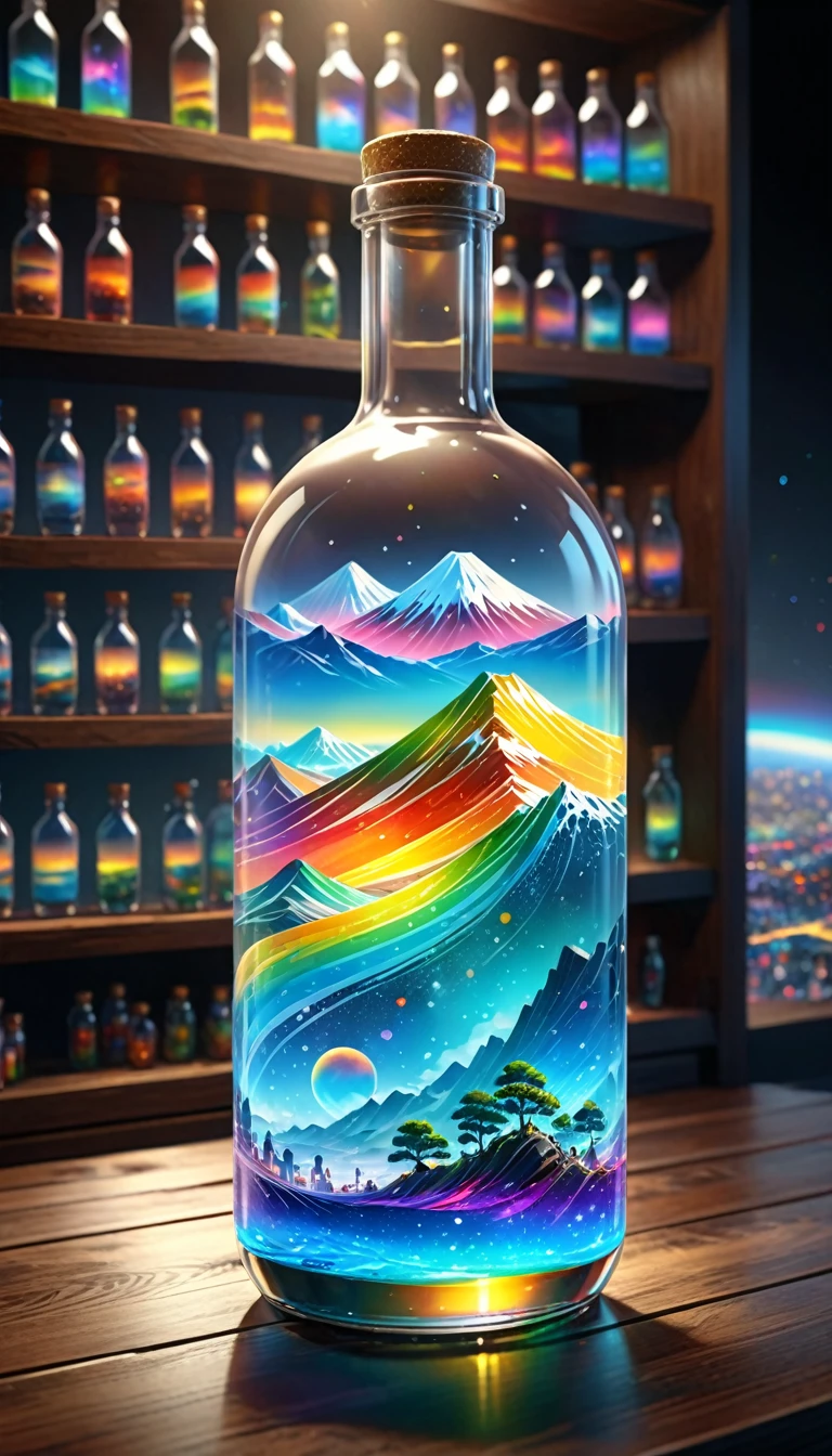 (masterpiece, Highest quality, Very detailed:1.2, Realistic, super photoRealistic, Realistic illustration, 8k), Professional Color Grading, Sharp focus, Professional Lighting, Depth of written boundary, ((landscape)), ((Science fiction movies)), ((Concept Art)) Bottle close-up, A rainbow-coloured world in a bottle、Glitter and shine、City in a glass bottle, filling glass bottle with the sparkling 星が輝く夜 and city, filling glass bottle with the 日没 view, Many glass bottles on the shelf, The shelves are kept in the house, 16K, Ultra-high resolution, Ultra-high resolution, to be born,wonderful ,future、Iridescent、The world 30 years from now。