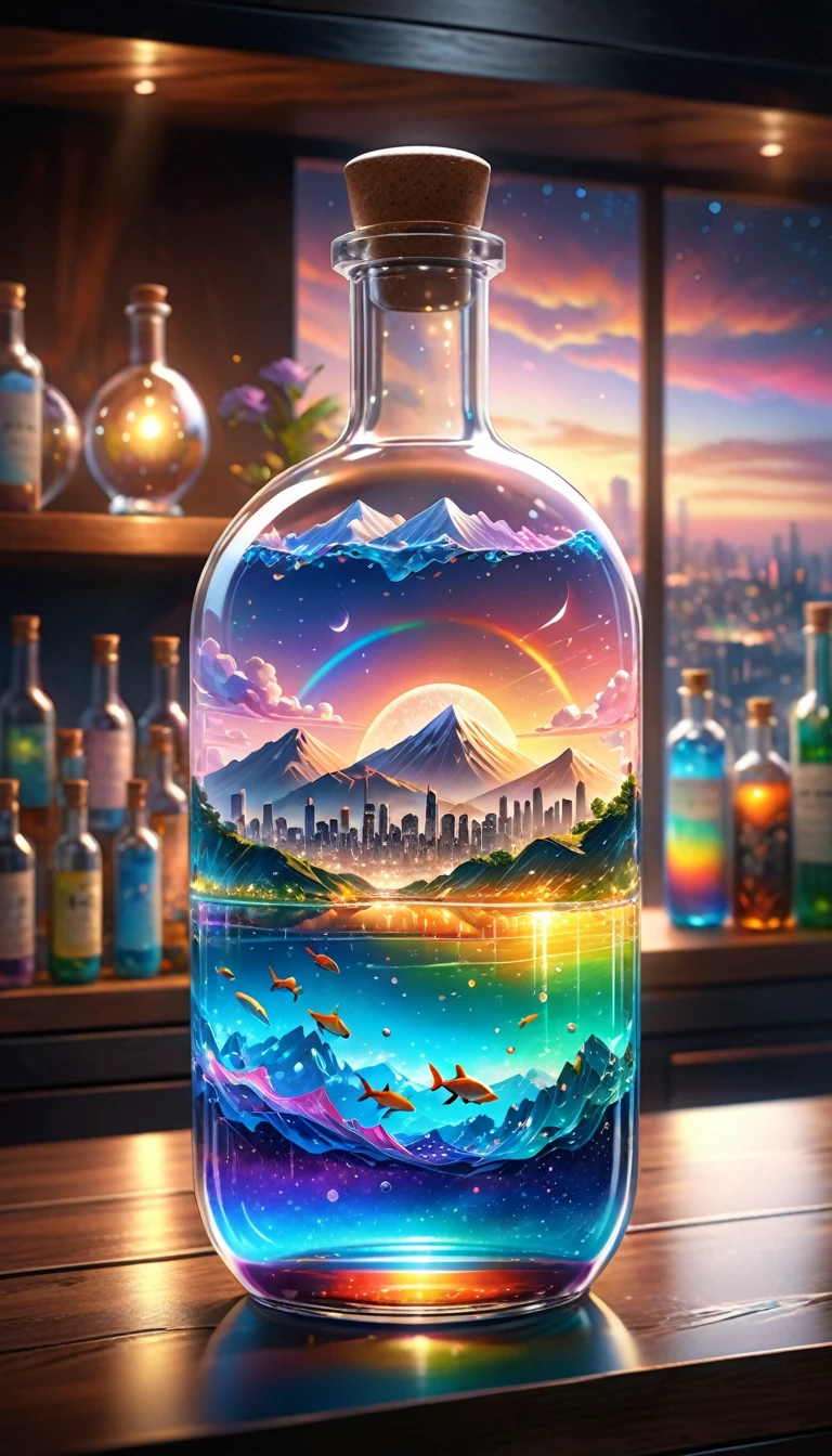 (masterpiece, Highest quality, Very detailed:1.2, Realistic, super photoRealistic, Realistic illustration, 8k), Professional Color Grading, Sharp focus, Professional Lighting, Depth of written boundary, ((landscape)), ((Science fiction movies)), ((Concept Art)) Bottle close-up, A rainbow-coloured world in a bottle、Glitter and shine、City in a glass bottle, filling glass bottle with the sparkling 星が輝く夜 and city, filling glass bottle with the 日没 view, Many glass bottles on the shelf, The shelves are kept in the house, 16K, Ultra-high resolution, Ultra-high resolution, to be born,wonderful ,future、Iridescent、The world 30 years from now。