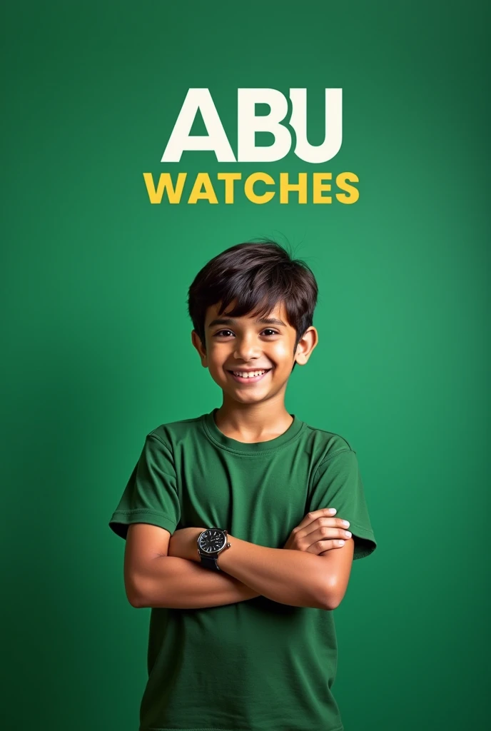 Make an image of greenish background waith a boy wearing wrist watch. Background logo must be text logo of "ABU Watches".