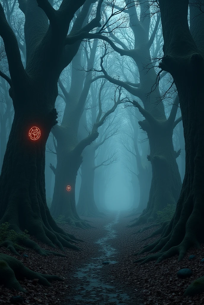 A dark, mystical forest with towering ancient trees shrouded in mist. The trees have gnarled branches that reach out like twisted hands, with faint, glowing runes etched into their bark. The forest floor is covered in a thick layer of fallen leaves, and in the center, a narrow path leads deeper into the woods, disappearing into the shadows. The light is dim, with a soft, ethereal glow coming from distant, unseen sources, creating an atmosphere of both wonder and foreboding. This image could have occasional flickers of light or shadow movements to evoke the sense of being watched or followed, keeping the viewers immersed in the story's eerie and mysterious setting. Image should be 16:9.