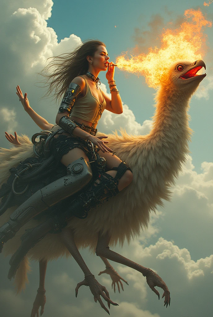 Bionical back, lady, eating flames, riding a bird , getting madsage, lots of hands , in clouds with a cassowary