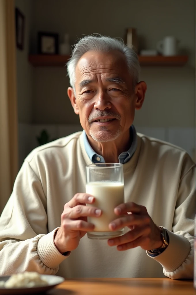 A man Holding a glass of milk and taking a sip of Milk