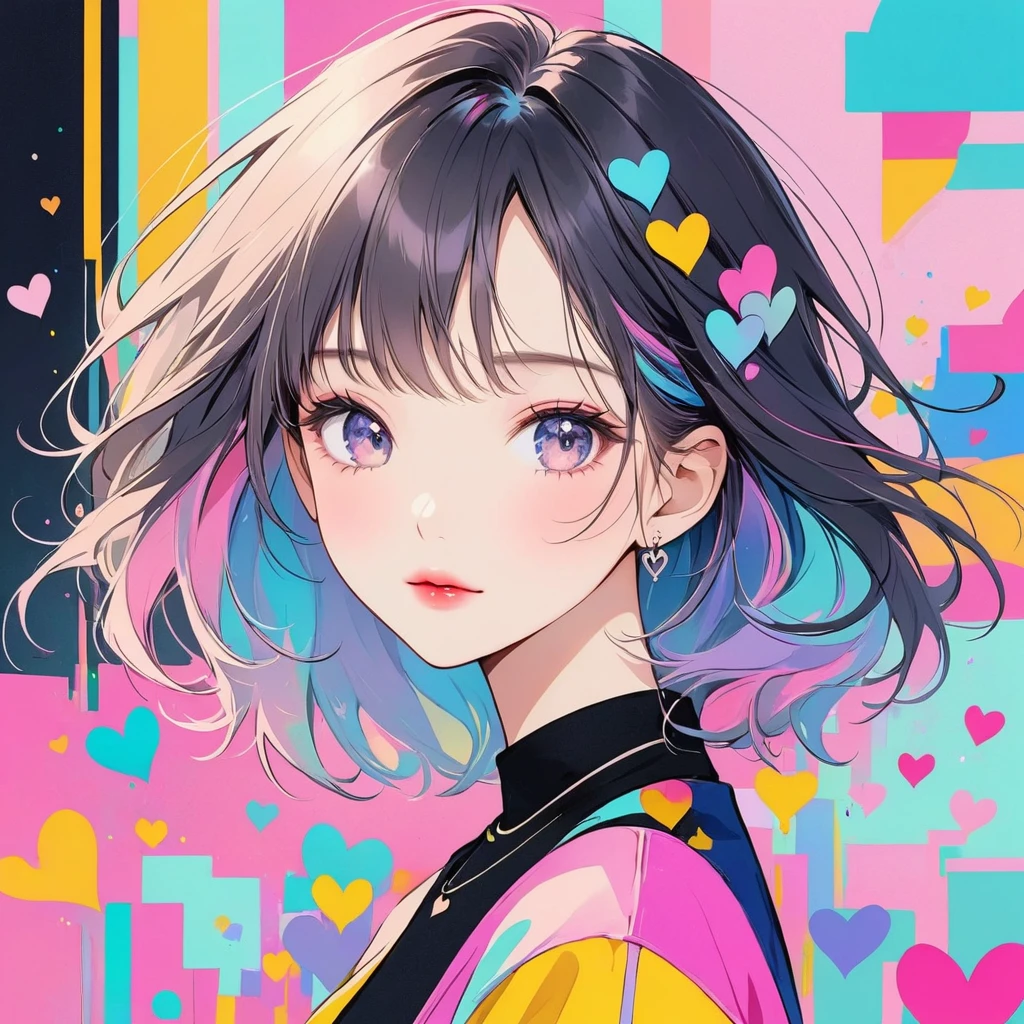 Black Star pastel color style, Simple Line Initialism，Abstract art，Urban Background, (((The most beautiful girl of all time))), Sweet face. Lips in love, colorful hearts, stylish design