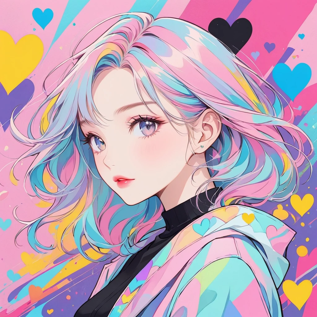 Black Star pastel color style, Simple Line Initialism，Abstract art，Urban Background, (((The most beautiful girl of all time))), Sweet face. Lips in love, colorful hearts, stylish design