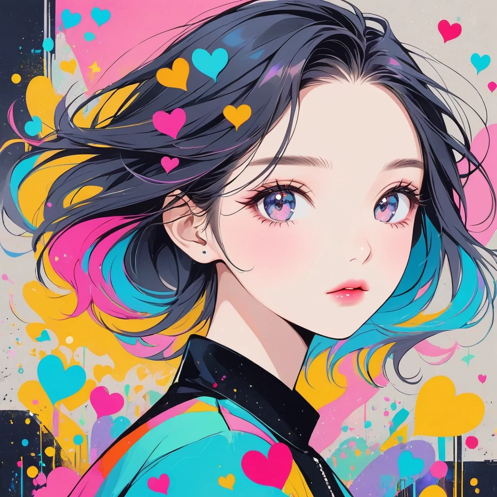 Black Star pastel color style, Simple Line Initialism，Abstract art，Urban Background, (((The most beautiful girl of all time))), Sweet face. Lips in love, colorful hearts, stylish design