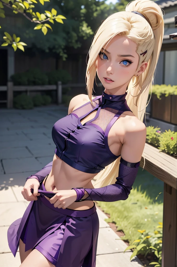 (masterpiece), best quality, expressive eyes, perfect face, 1 girl, solo, yamanaka ino, blonde hair, blue eyes, purple crop top, separate sleeves, purple skirt, mesh sleeves, , meshes, outdoors, natural lighting, portrait, looking at viewer, trying to seduce viewer as she strips to he lingerie