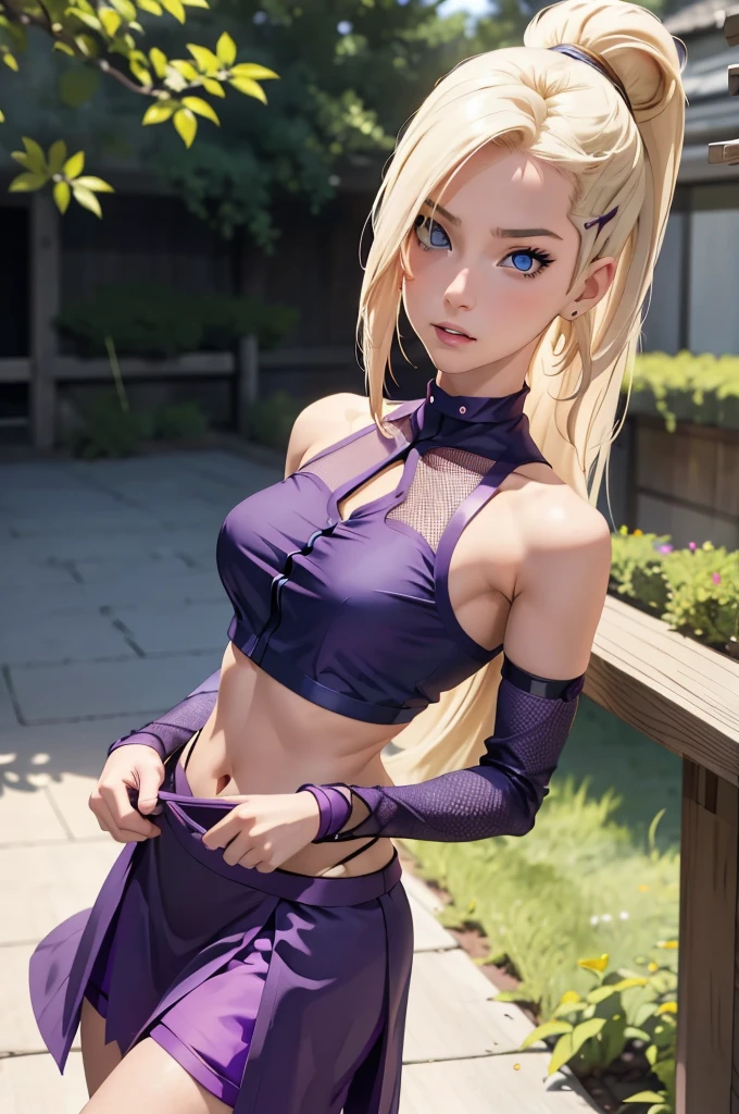 (masterpiece), best quality, expressive eyes, perfect face, 1 girl, solo, yamanaka ino, blonde hair, blue eyes, purple crop top, separate sleeves, purple skirt, mesh sleeves, , meshes, outdoors, natural lighting, portrait, looking at viewer, trying to seduce viewer as she strips to he lingerie
